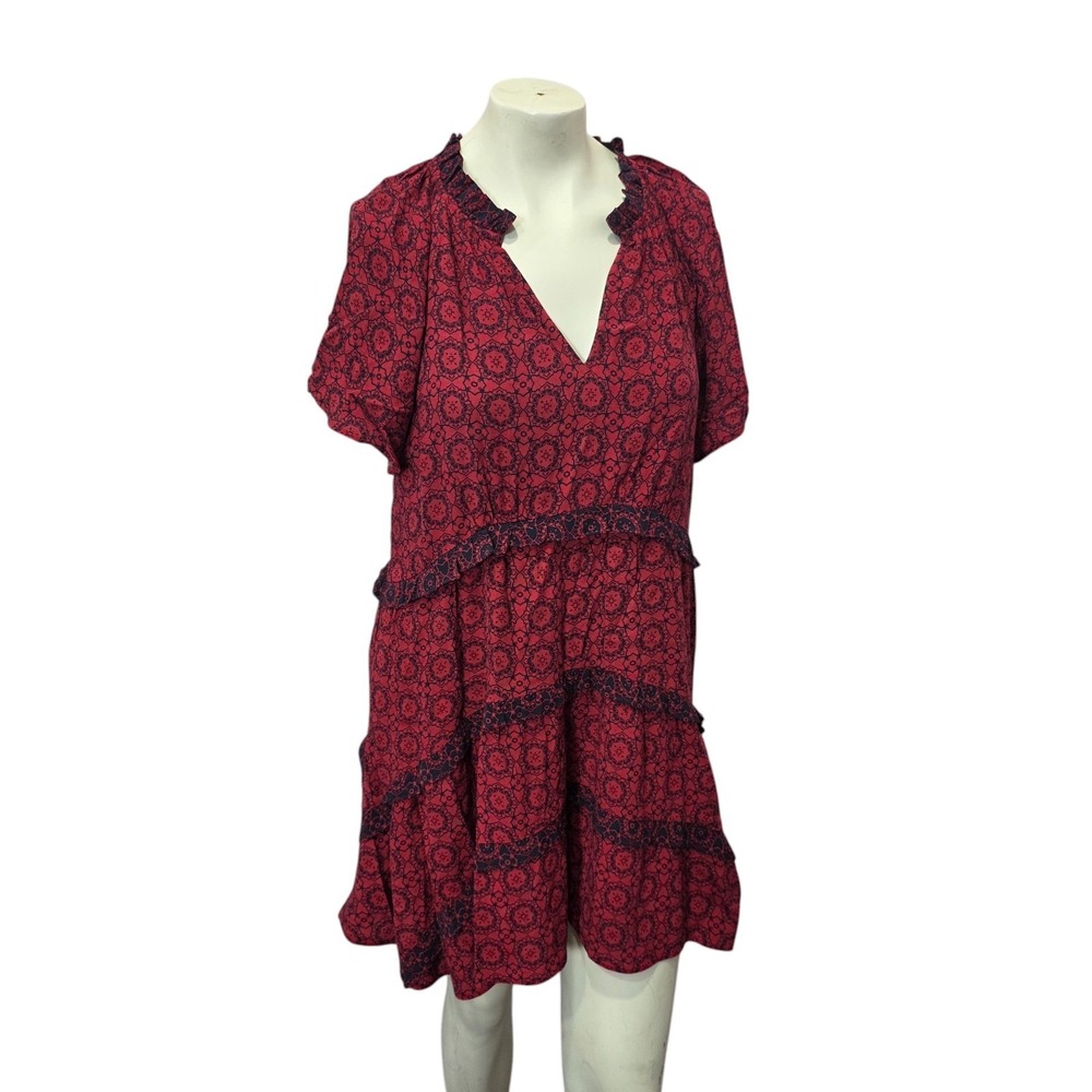 By Anthropologie Dress M Red Black Boho‎ Print Ruffle Tiered Midi Dolman Sleeve